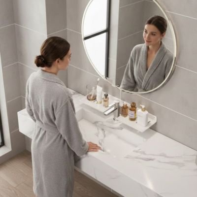 Étagère salle de bain blanc femme peignoir gris
