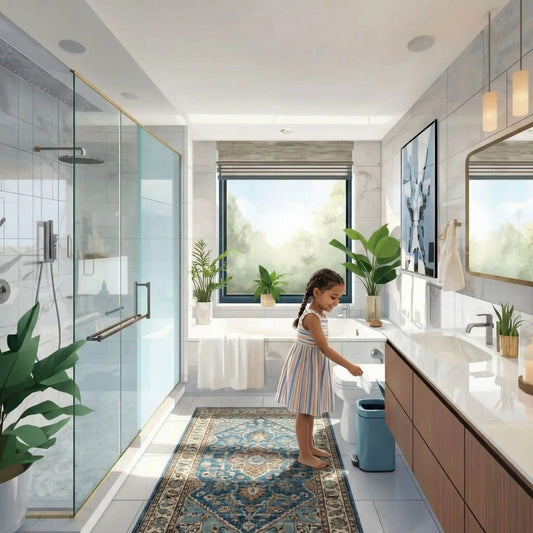 fillette jette mouchoir dans poubelle bleue dans salle de bain