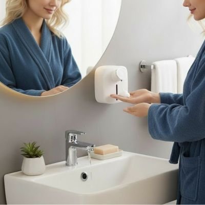 Distributeur de savon automatique  blanc femme peignoir bleu prend mousse