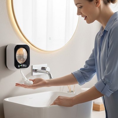 Distributeur de savon automatique​ blanc femme chemise bleue