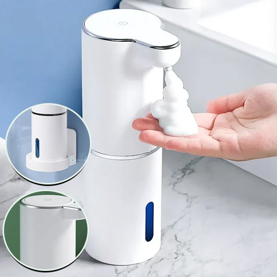 distributeur de savon automatique blanc mousse dans main plus deux images