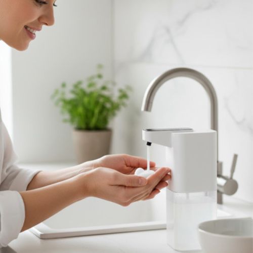 distributeur de savon automatique mousse dans mains femme