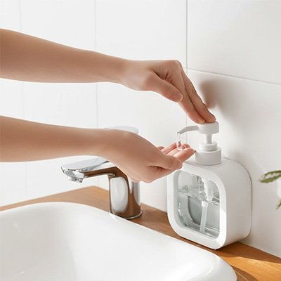 distributeur de savon blanc deux mains versent savon transparent