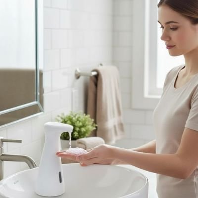 Distributeur de savon femme tee shirt beige