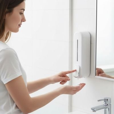 Distributeur de savon mural blanc femme tee shirt blanc