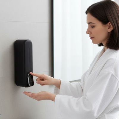 Distributeur de savon mural noir femme peignoir blanc