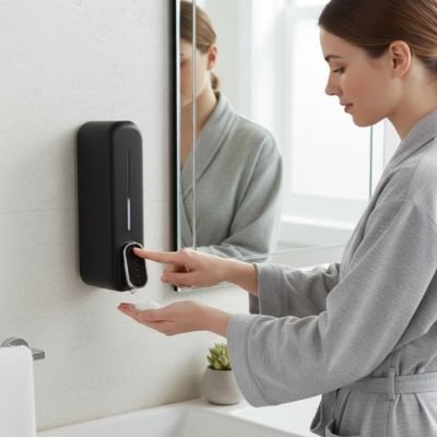 Distributeur de savon mural noir femme peignoir gris