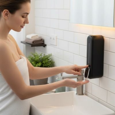 Distributeur de savon mural noir femme serviette blanche