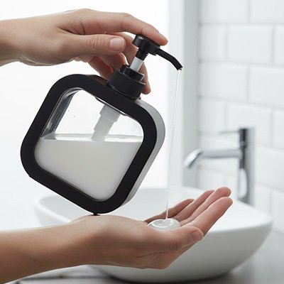 distributeur de savon noir deux mains versent savon blanc