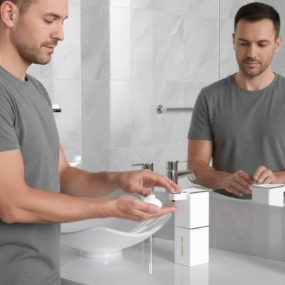 Distributeur savon blanc maillot gris kaki