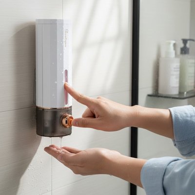 Distributeur savon mural blanc mains prenant savon