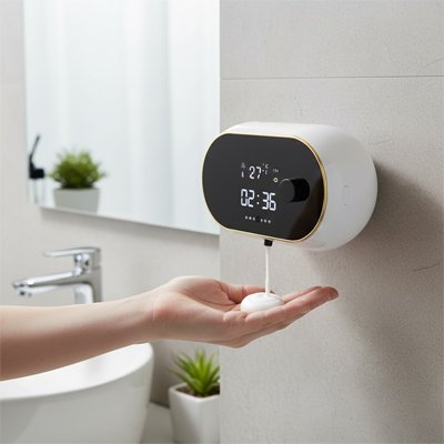 Distributeur savon mural blanc mousse coule sur main gauche