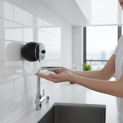 Distributeur savon mural noir mousse coule sur deux mains