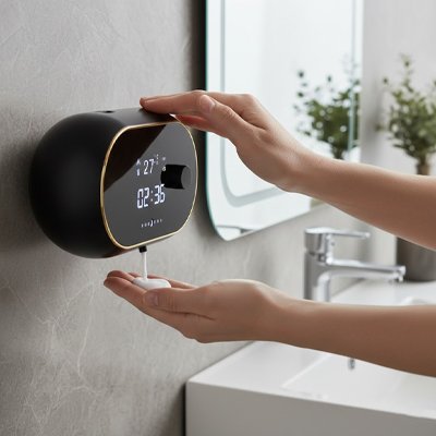 Distributeur savon mural noir mousse coule sur main