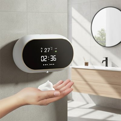 Distributeur savon mural blanc mousse coule sur main droite gauche lavabo