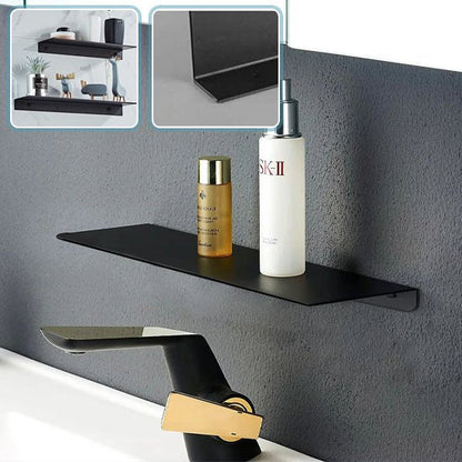 etagere de douche noire deux flacons dessus lavabo dessous plus deux imges