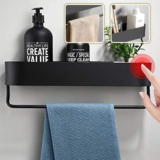 etagere pour douche avec barre doigt sur point rouge plus deux images
