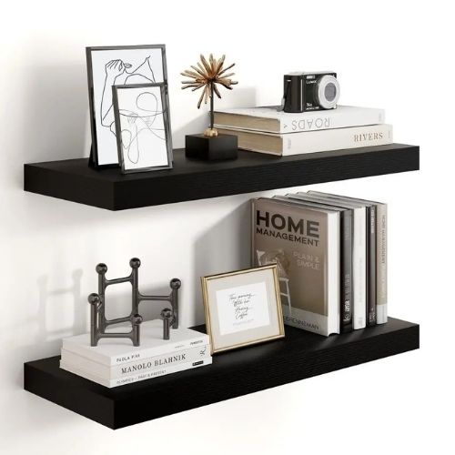 etagere salle de bain bois deux noires bibelots