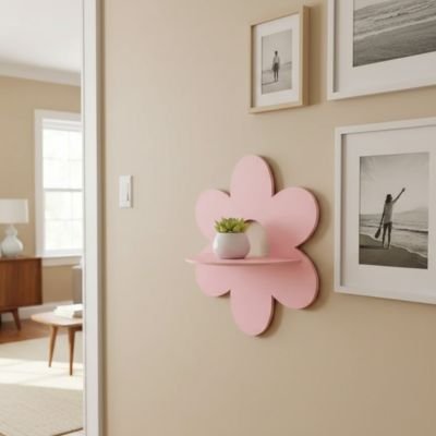 Etagere salle de bain bois rose sous tableaux