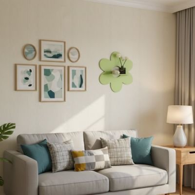 Etagere salle de bain bois vert dessus canape