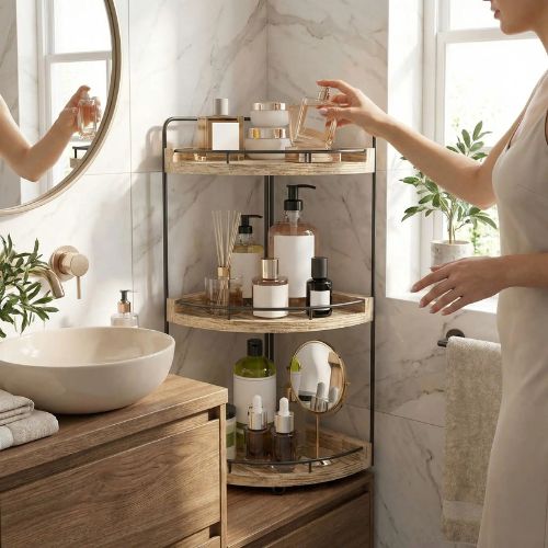 etagere salle de bain droite lavabo femme prend parfum
