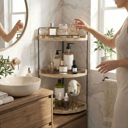 etagere salle de bain droite lavabo femme prend parfum