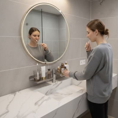 Étagère salle de bain gris femme pull