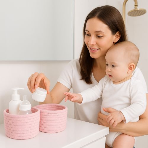 panier rangement deux roses maman avec bebe genoux