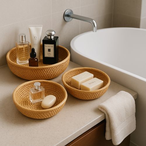 panier rangement en osier rond trois produits dedans gauche baignoire