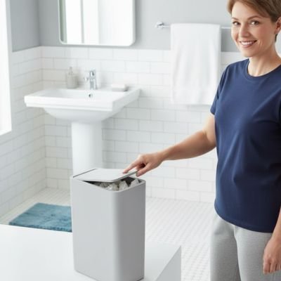 petite poubelle salle de bain blanche devant femme main sur couvercle