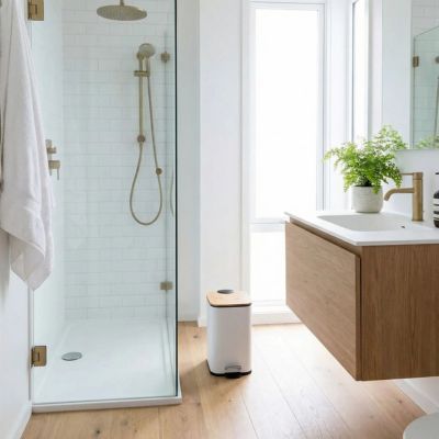 petite poubelle salle de bain blanche droite douche