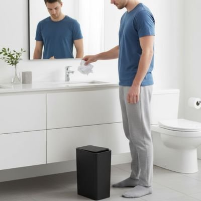 petite poubelle salle de bain noire gauche homme papier dans main