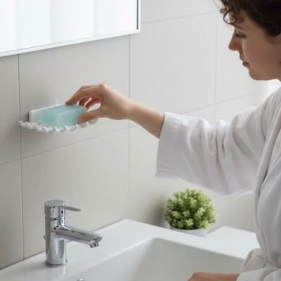 Porte savon dans la douche blanc main prend savon