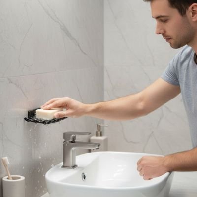 Porte savon dans la douche noir homme pose savon
