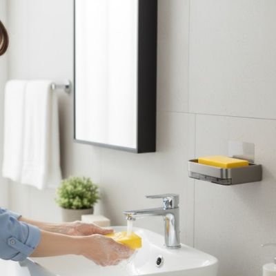 Porte savon douche gris eau coule sur savon