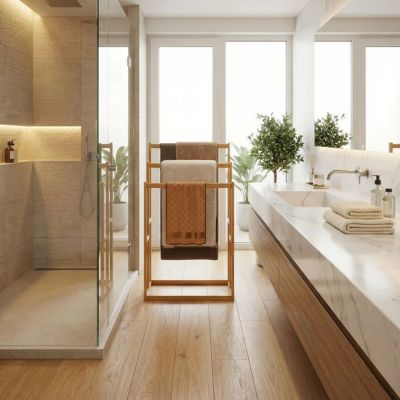 porte serviette design entre douche lavabo