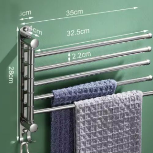 porte serviette mural salle de bain argent cinq barres une serviette bleue une serviette grise dimensions