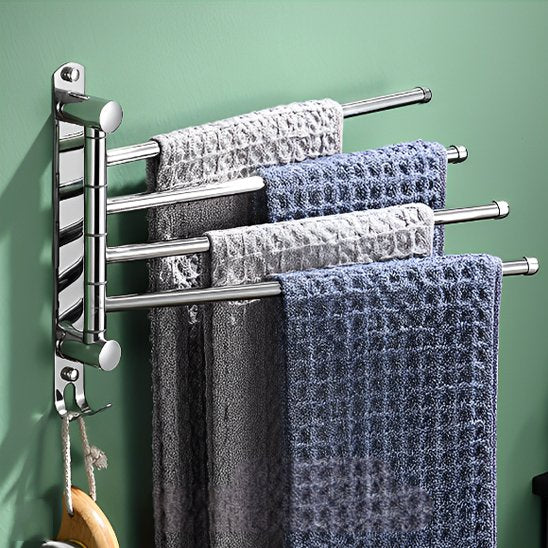 porte serviette mural salle de bain argent quatre barres quatre serviettes deux grises deux bleues