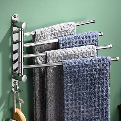 porte serviette mural salle de bain argent quatre barres quatre serviettes deux grises deux bleues