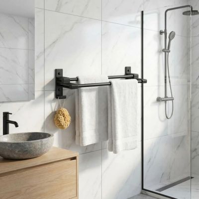 porte serviette salle de bain mural noir serviettes blanche entre lavabo douche