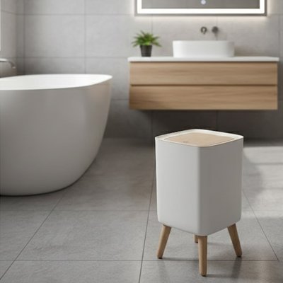 Poubelle de salle bain devant lavabo