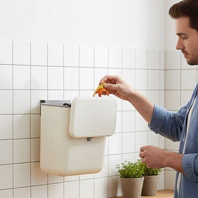Poubelle murale​ beige homme jette dechets