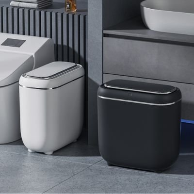poubelles de salle de bain deux blanche droite wc noire devant lavabo