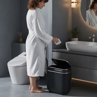 poubelles de salle de bain noire femme jette mouchoir dedans devant meuble lavabo