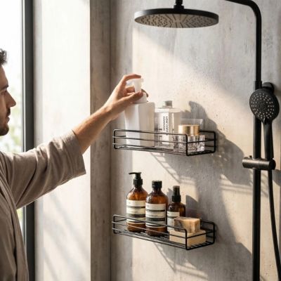 rangement dans la douche deux noirs main homme