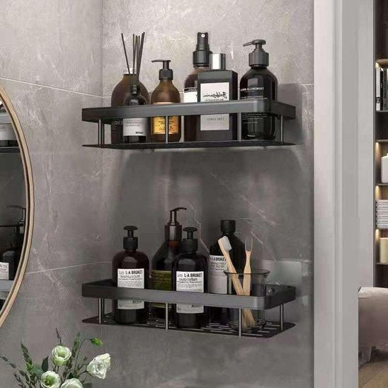 rangement douche noirs deux pleins produits brosses dents droite miroir