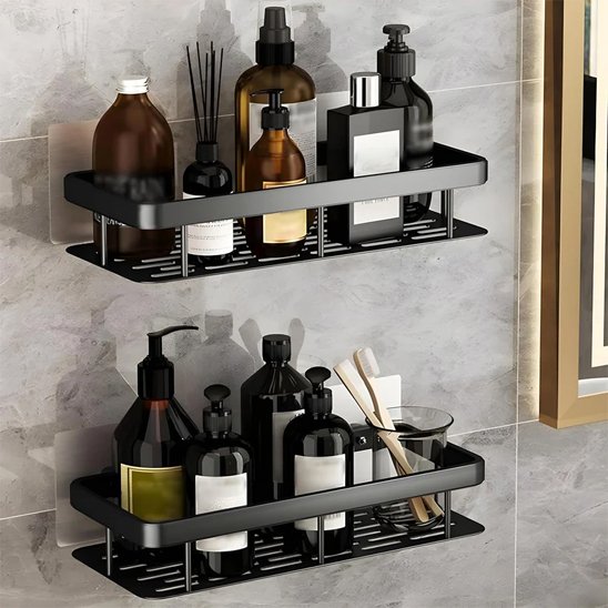 rangement douche noirs deux pleins produits brosses dents