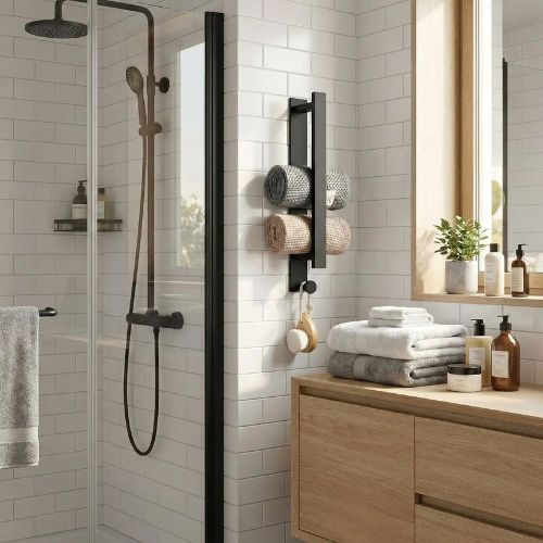 salle de bain porte serviettes noir entre douche fenetre deux serviettes